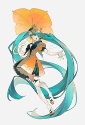  1girl absurdres aqua_eyes aqua_hair boots commentary dress elbow_gloves flower_umbrella full_body gloves hair_ornament hairclip hat hatsune_miku highres holding holding_umbrella long_hair open_mouth orange_dress orange_hat simple_background solo ssbaby twintails umbrella untranslatable_commentary very_long_hair vocaloid white_background white_boots white_gloves 