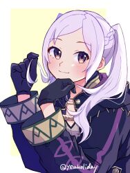  1girl black_gloves black_robe blush breasts brown_eyes closed_mouth commentary_request female_robin_(fire_emblem) fire_emblem fire_emblem_awakening gloves gogatsu_(yeaholiday) grey_hair grey_shirt highres hood hooded_robe long_hair looking_at_viewer robe shirt smile solo twintails white_hair 