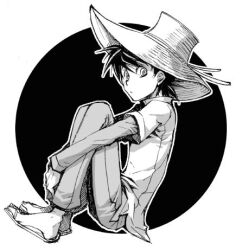  1boy black_background border from_side full_body greyscale hat hugging_own_legs layered_sleeves long_sleeves lowres male_focus matsumoto_temari mihira_sanpei monochrome pants round_border sandals shirt short_hair short_over_long_sleeves short_sleeves solo straw_hat tsurikichi_sanpei white_border 