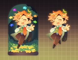  1boy artist_name black_cape blue_flower brown_pants cape chicheesticks closed_eyes commentary deformed deltarune earrings english_commentary floating flower flowery_(deltarune) green_flower green_vest highres holding holding_unworn_cape holding_unworn_clothes jewelry long_sleeves male_focus open_mouth orange_flower orange_vest pants short_hair smile two-tone_vest unworn_cape utdr_(toby_fox) v very_short_hair vest yellow_flower 