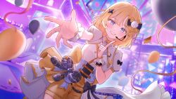  1girl alternate_costume blonde_hair blue_eyes blush closed_mouth finger_to_cheek frilled_skirt frills happy_(yppah1060) highres hololive hololive_dreams hololive_english idol_clothes looking_at_viewer medium_hair outstretched_arm shirt skirt solo virtual_youtuber watson_amelia white_shirt white_wrist_cuffs wrist_cuffs yellow_skirt 