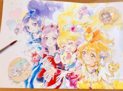  3boys 4girls aono_miki art_tools_in_frame blonde_hair blue_choker blue_shirt blue_skirt bow chibi chibi_inset chiffon_(precure) choker closed_eyes commentary_request creature creature_on_shoulder crop_top cure_berry cure_passion cure_peach cure_pine detached_sleeves dress fresh_precure! frilled_dress frilled_sleeves frills grin hair_bow hair_ornament heart heart_hair_ornament higashi_setsuna highres hug kaoru_(fresh_precure!) long_hair magical_girl medium_hair momozono_love multiple_boys multiple_girls on_shoulder orange_bow orange_choker paytuy photo_(medium) pink_choker pink_dress pink_eyes pink_hair pink_wrist_cuffs precure purple_hair red_dress shirt skirt smile souler_(precure) tart_(precure) traditional_media twintails violet_eyes wester_(precure) white_choker wrist_cuffs yamabuki_inori yellow_dress yellow_eyes 