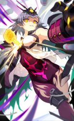 1girl bodysuit commentary_request duel_masters duel_masters_play's empty_eyes from_below gauntlets grey_hair hair_ornament highres key leotard looking_at_viewer mecha_musume open_clothes open_vest purple_bodysuit purple_leotard short_hair solo torn_bodysuit torn_clothes torn_leotard urakami_0716 vest vivi_(duel_masters_play's) white_mouth white_vest yellow_eyes 