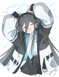  1girl absurdres aris_(blue_archive) black_hair black_hairband black_jacket black_skirt blue_archive blue_halo blue_necktie blush closed_eyes collared_shirt commentary cropped_torso english_commentary hair_between_eyes hairband halo heart_arms highres jacket kerming0509 long_hair multicolored_jacket necktie open_clothes open_jacket open_mouth shirt skirt solo two-tone_jacket very_long_hair white_background white_jacket white_shirt 