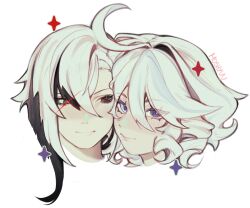  2girls absurdres ahoge arlecchino_(genshin_impact) artist_name black_streaks blue_streaks blush cheek-to-cheek commentary cropped_head english_commentary furina_(genshin_impact) genshin_impact hair_between_eyes heads_together heterochromia highres looking_at_viewer moshyuu multicolored_hair multiple_girls red_eyes simple_background streaked_hair symbol-shaped_pupils white_background white_hair x-shaped_pupils yuri 