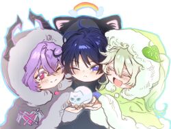  1girl 2boys :c ahoge animal_ear_hood asymmetrical_sidelocks black_cloak black_hair black_hood black_horns blue_outline blush boy_and_girl_sandwich bright_pupils cloak closed_eyes closed_mouth colored_eyelashes colored_tips crossed_bangs dragon_boy dragon_horns durin_(genshin_impact) eyelashes eyeliner facing_another fur-trimmed_cloak fur-trimmed_hood fur_trim genshin_impact green_cloak green_hair green_hood grey_hood grey_pupils hair_between_eyes hair_intakes heart_ornament highres holding honbmqqmwy36077 hood hood_up hooded_cloak horns leaf leaf_ornament long_hair looking_at_another looking_at_object makeup multicolored_hair multiple_boys nahida_(genshin_impact) official_alternate_costume one_eye_closed open_hands open_mouth outline pink_eyes purple_hair purple_horns rainbow red_eyeliner sandwiched scaramouche_(cat)_(genshin_impact) scaramouche_(genshin_impact) side_ponytail sidelocks slit_pupils snow_cat split_mouth tsurime two-sided_horns violet_eyes wanderer_(genshin_impact) white_background white_eyelashes white_hair white_pupils 
