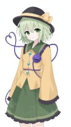  1girl absurdres b3l_rinrin black_hat bow buttons closed_mouth collared_shirt commentary_request diamond_button disembodied_linked_eye eyeball floral_print frilled_shirt_collar frilled_skirt frilled_sleeves frills green_eyes green_hair green_skirt hat hat_bow heart heart_of_string highres komeiji_koishi long_sleeves looking_at_viewer medium_hair print_skirt rose_print shirt simple_background skirt smile solo touhou variant_set white_background wide_sleeves yellow_bow yellow_shirt 