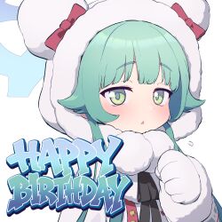  1girl animal_hood backscratcher777 bear_hood blue_archive blue_halo coat commentary english_text fur-trimmed_coat fur_trim gloves green_eyes green_hair halo happy_birthday highres hood hood_up hooded_coat long_hair long_sleeves looking_at_viewer momiji_(blue_archive) open_mouth simple_background solo white_background white_gloves 