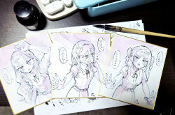  3girls 4ding :d :o art_tools_in_frame blush braid braided_twintails collared_shirt commentary d: dress greyscale highres long_hair looking_at_viewer love_live! love_live!_superstar!! monochrome multiple_girls nervous_smile nib_pen_(medium) nib_pen_(object) nose_blush onitsuka_tomari open_hands open_mouth outstretched_arms pen pen_(medium) photo_(medium) pinafore_dress school_uniform shibuya_kanon shikishi shirt short_sleeves sleeveless sleeveless_dress smile speech_bubble summer_uniform teeth tomakanote_(love_live!) traditional_media translation_request upper_teeth_only v-shaped_eyebrows wavy_hair wien_margarete yuigaoka_school_uniform 