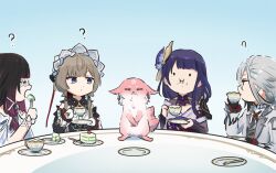  4girls ? arlecchino_(genshin_impact) black_dress black_hair blue_eyes brown_hair cake closed_eyes closed_mouth columbina_(genshin_impact) commentary cup dress facing_another food food_on_face fork genshin_impact gloves grey_hair holding holding_cup holding_fork holding_plate japanese_clothes kimono long_hair long_sleeves looking_at_another looking_at_viewer multiple_girls open_mouth plate purple_hair purple_kimono raiden_shogun sandrone_(genshin_impact) teacup untranslatable_commentary white_dress white_gloves xinzoruo 
