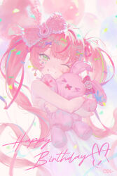  1girl absurdres balloon bare_arms bow confetti cowboy_shot cursive dress earrings english_text frilled_bow frills green_bow green_eyes grin hair_bow hanako_nana happy happy_birthday heart heart_earrings highres hugging_object jewelry large_bow long_hair multiple_hair_bows one_eye_closed ozeo0510 pale_colors peto_(hanako_nana) pink_bow pink_hair purple_bow sleeveless sleeveless_dress smile solo sparkle standing stellive stuffed_animal stuffed_rabbit stuffed_toy twintails very_long_hair virtual_youtuber wavy_hair white_dress 