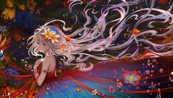  1girl absurdly_long_hair absurdres back black_background blue_eyes breasts character_request commentary_request dress floating_hair flower from_side grey_hair guiyi_tonghua hair_flower hair_ornament hand_on_own_chest highres long_hair medium_breasts milthm official_art red_dress red_flower solo strapless strapless_dress string very_long_hair water_drop yellow_flower 