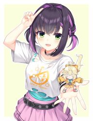  2girls :3 :d amaki_hiyori arm_up arm_warmers asagi_nanami belt black_belt black_choker black_hair blonde_hair blush blush_stickers border bow cardigan chibi chibi_inset choker closed_mouth collarbone commentary_request cowboy_shot crossed_bangs eyelashes green_eyes hair_between_eyes hair_bow happy heart heart_choker highres holding_chibi index_finger_raised limelight_lemonade_jam medium_hair miniskirt mole mole_under_eye multicolored_hair multiple_girls nabari_anju o_o open_mouth orange_bow orange_cardigan orange_skirt outline outside_border outstretched_arms outstretched_hand pink_skirt pleated_skirt purple_streaks shirt short_sleeves sidelocks simple_background single_arm_warmer skirt sleeves_past_fingers sleeves_past_wrists smile solo_focus standing streaked_hair t-shirt torn_clothes torn_shirt two_side_up undershirt v-shaped_eyebrows voice_actor_connection white_border white_outline white_shirt yellow_background 