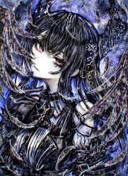  1girl asymmetrical_horns black_hair black_horns blue_hair colored_inner_hair commentary demon_horns feathers gloves hair_ornament head_tilt highres hololive hololive_english horns long_hair looking_at_viewer mole mole_under_eye multicolored_hair nerissa_ravencroft nerissa_ravencroft_(1st_costume) red_eyes shirt solo tsukihi_shida two-tone_hair uneven_horns virtual_youtuber 