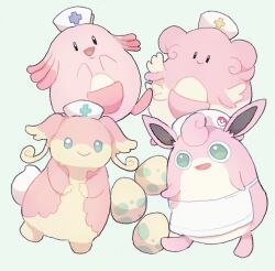 apron audino blissey blue_eyes chansey color_connection commentary egg elizabeth_(tomas21) green_background hat no_humans normal_type_theme_(pokemon) nurse_cap pastel_colors pink_theme pokemon pokemon_(creature) pokemon_egg trait_connection white_apron wigglytuff 