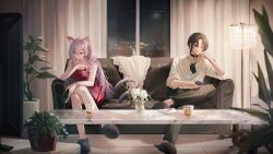  1boy 1girl absurdres alternate_costume animal_ears black_choker black_hair black_pants black_shirt cat_ears cat_girl cat_tail choker collared_shirt controller couch crossed_legs cup curtains dress drinking_glass elbow_rest figure_four_sitting flower harukayu_yu highres holding holding_controller holding_phone holding_remote_control holostars indie_virtual_youtuber indoors kanade_izuru lamp long_hair official_art on_couch onatsu_no_nibitashi_(vtuber) pants parted_bangs phone plant potted_plant purple_hair red_dress remote_control shirt short_hair sitting sleeves_rolled_up slippers table tail vase virtual_youtuber white_flower white_shirt 