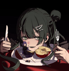  2girls absurdres apple bang_dream! bang_dream!_yumemita black_dress commentary dress food fork fruit fuji_miyako fuji_miyako_(real) green_eyes green_hair hair_bun hair_ornament hairclip highres holding holding_fork holding_knife knife long_hair long_sleeves mini_person multiple_girls open_mouth purple_hair shenqi_de_(9) short_hair single_side_bun untranslatable_commentary viola_(bang_dream!) x_hair_ornament 