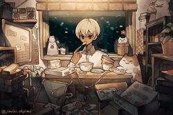  1boy artist_name cat clutter collared_shirt commentary_request controller crossed_bangs dark-skinned_male dark_skin eating food game_console game_controller hair_between_eyes highres holding holding_spoon ice_cream indoors instagram_username jenga jimini_shijimi long_sleeves original radio shelf shirt short_hair skeb_username snowing solo spoon television twitter_username warm_colors white-haired_man_(jimini_shijimi) white_hair window 