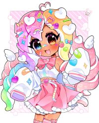  1girl :3 bandaid bandaid_on_clothes bandaid_on_face blush bow bowtie buckle colorful commission food-themed_hair_ornament hair_ornament heart heart-shaped_buckle heterochromia highres inkling looking_at_viewer mini_wings multicolored_hair original patch pink_bow pink_bowtie pink_skirt rainbow_hair rainbow_hair_ornament skirt strawberry_hair_ornament striped_background tan tentacle_hair too_many_hair_ornaments trytryagain twintails wings 