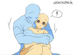  ! 2others :< base_(art) closed_eyes closed_mouth commentary crying crying_with_eyes_open frown gochujang_(gochujan_g) highres hug hug_from_behind multiple_others original other_with_other simple_background spoken_exclamation_mark tears twitter_username untranslatable_commentary white_background 
