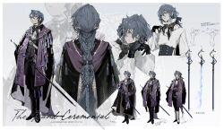  1boy absurdres aristocratic_clothes artist_name ascot beads black_boots black_bow black_bowtie black_cape black_corset black_gloves black_pants blue_eyes blue_gem blue_hair boots border bow bowtie braid brooch cape chinese_text closed_mouth commentary corset embroidery energy_sword english_text eureka1812 expressionless facing_away frilled_shirt_collar frills from_behind full_body gem gloves gold_necklace hair_beads hair_between_eyes hair_ornament hair_tubes half_up_braid hand_up head_chain head_rest head_tilt highres holding holding_sword holding_weapon jacket jewelry long_hair long_sleeves looking_at_viewer male_focus multiple_braids multiple_rings multiple_views necklace original ornate_ring own_hands_together pants pants_tucked_in purple_gem purple_jacket purple_sash purple_scarf reference_sheet ring sash scarf sheath sheathed shirt shirt_tucked_in shoulder_sash side_braids side_part sidelocks sideways_glance single_sidelock standing star_(symbol) star_hair_ornament stole sword tassel variations very_long_hair wavy_hair weapon white_ascot white_background white_boots white_border white_sash white_shirt zoom_layer 