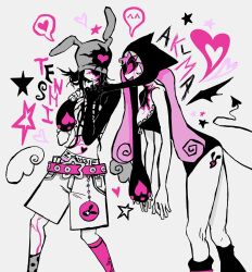  2girls alien_stage angel_and_devil angel_wings animal_ears asymmetrical_legwear beanie belt black_dress black_hair black_leg_warmers commentary curled_ends demon_girl demon_tail demon_wings dragging dress earflap_beanie grey_hair grey_socks hat heart highres leg_warmers mismatched_legwear mismatched_socks mizi_(alien_stage) mizi_(zombie_stage) multiple_girls official_alternate_costume panties panty_peek pink_belt pink_hair pink_socks rabbit_ear_headwear rabbit_ears romaji_text short_dress shorts single_wing socks spoken_heart star_(symbol) sua_(alien_stage) sua_(zombie_stage) tail tweaquer twintails underwear wings zipper zipper_dress zombie_stage 