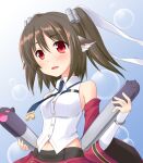  1girl :d animal_ears azur_lane bangs black_hair collared_shirt commentary_request crossover detached_sleeves hair_between_eyes hair_ribbon holding long_hair long_sleeves looking_at_viewer midriff miyo_(miyomiyo01) navel necktie nekone_(utawarerumono) parted_lips red_eyes ribbon shirt side_ponytail sidelocks smile solo torpedo utawarerumono utawarerumono:_itsuwari_no_kamen 