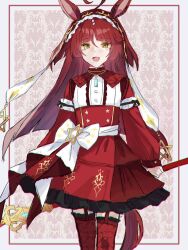  1girl ahoge animal_ears blunt_bangs blunt_ends blunt_sidelocks commentary_request dress frilled_hairband frills garter_straps hair_between_eyes hairband holding holding_staff horse_ears horse_girl horse_tail layered_hair long_hair long_sleeves looking_at_viewer mage_staff open_mouth red_desire_(divine_raiment)_(umamusume) red_desire_(umamusume) red_dress red_garter_straps red_hair red_hairband red_headdress red_thighhighs red_veil sidelocks smile solo sorekara_64 staff star_ornament tail thigh-highs umamusume veil yellow_eyes 