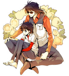  2boys ayukawa_gyoshin black_hair full_body hugging_own_legs layered_sleeves long_sleeves male_focus matsumoto_temari mihira_sanpei multiple_boys open_mouth pants red_shirt sandals shirt shoes short_hair short_over_long_sleeves short_sleeves sitting sitting_on_lap sitting_on_person smile sunglasses tsurikichi_sanpei vest white_background white_shirt 