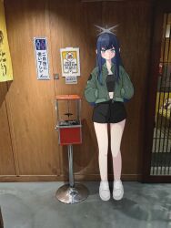  1girl absurdres alternate_costume black_shirt black_shorts blue_archive blue_eyes blue_hair blush closed_mouth commentary_request cropped_shirt full_body green_jacket grey_halo halo highres jacket korean_commentary long_hair navel open_clothes open_jacket product0390 saori_(blue_archive) shirt shoes short_shorts shorts smile sneakers solo white_shoes 