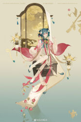  1girl absurdres ahoge artist_name baichuan_baichuan bird boots chinese_clothes chinese_commentary commentary_request commission crop_top dice earrings eyeshadow flower full_body green_hair hair_between_eyes hair_ornament highres holding holding_dice jewelry lantern layered_sleeves lips long_sleeves looking_at_viewer makeup mandarin_collar original parted_lips pink_eyes pink_eyeshadow pink_flower pink_ribbon pleated_skirt pom_pom_(clothes) pom_pom_hair_ornament ribbon scroll sidelocks sitting skirt solo tassel tassel_earrings watermark weibo_watermark white_skirt wide_sleeves 