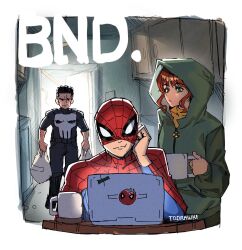  1girl animal_print bodysuit character_logo commentary computer frank_castle green_eyes highres hood jean_grey long_hair marvel multicolored_bodysuit spider-man spider-man:_brand_new_day spider-man_(series) spider_print spider_web_print superhero_costume the_punisher_(character) the_punisher_(series) two-tone_bodysuit wokiiarts x-men 