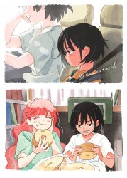  3girls absurdres baumkuchen black_eyes black_hair car_interior closed_eyes eating food green_shirt highres holding holding_food lara_(sayonara_lara) multiple_girls ootsu_keiko ootsu_mari red_hair sayonara_lara seatbelt shirt short_hair signature sitting tamoto_(loretta) wavy_hair white_shirt 