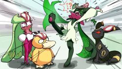 !? 1girl 1other animal_hands applecandy_prpr beak bird black_fur body_fur claws closed_eyes colored_skin commentary_request crown duck facial_mark fangs forehead_mark full_body furry green_fur green_hair grey_background long_hair looking_at_another meowscarada mini_crown monster_girl open_mouth pawpads plant_girl pokemon pokemon_(creature) pokemon_focus psyduck purple_thighhighs red_eyes short_hair short_tail simple_background sitting standing tail thigh-highs tri_tails tsareena two-tone_fur umbreon violet_eyes white_skin wide-eyed yellow_fur 