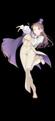  1girl 6th_live_dream_~bloom_garden_party~ black_background brown_hair buttons cape commentary_request cropped_jacket double-breasted flower_stand_art fujishima_megumi full_body hana_sakeba_yume_kakeru hat highres jacket jacket_overhang leg_up long_hair long_sleeves looking_at_viewer love_live! love_live!_hasu_no_sora_jogakuin_school_idol_club love_live!_hasu_no_sora_jogakuin_school_idol_club_bloom_garden_party mini_hat mini_top_hat one_eye_closed pants parted_lips puffy_long_sleeves puffy_sleeves purple_cape purple_hat repurika shirt shoes side_cape simple_background sleeveless sleeveless_jacket solo top_hat vest violet_eyes white_jacket white_pants white_shirt white_shoes white_vest 