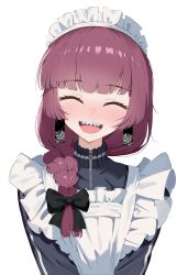  1girl absurdres agm apron black_jacket blush bocchi_the_rock! braid closed_eyes commentary earrings english_commentary frilled_apron frills hair_over_shoulder hanafuda hanafuda_earrings highres hiroi_kikuri jacket jewelry long_hair maid maid_apron maid_headdress nose_blush open_mouth purple_hair sharp_teeth sidelocks single_braid smile solo teeth unconventional_maid upper_body violet_eyes white_apron white_background zipper 