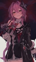  1girl absurdres black_dress black_flower black_gloves black_umbrella blush cowboy_shot dress earrings evernight_(honkai:_star_rail) flower gloves hair_flower hair_ornament highres honkai:_star_rail honkai_(series) jewelry long_hair looking_at_viewer march_7th_(honkai:_star_rail) muginosa open_mouth pink_hair red_eyes single_earring solo umbrella umbrella_over_shoulder white_dress white_mouth 