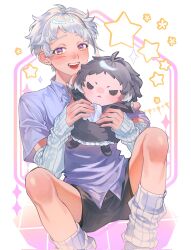  1boy akutagawa_ryuunosuke_(bungou_stray_dogs) black_shorts blush bungou_stray_dogs closed_mouth commentary detached_sleeves highres holding holding_stuffed_toy holding_toy knees_up looking_at_viewer loose_socks male_focus mitabxd_7 nakajima_atsushi_(bungou_stray_dogs) open_mouth purple_shirt shirt short_hair short_shorts shorts simple_background sitting socks solo star_(symbol) stuffed_toy toy untranslatable_commentary white_background white_hair white_sleeves white_socks 