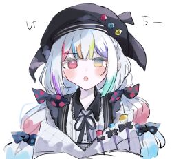  1girl beret black_hat black_jacket bow collared_shirt colored_tips commentary contrast_collar hair_bow hat heterochromia highres jacket jacket_partially_removed jogasaki_noah long_hair looking_at_viewer mahou_shoujo_no_majo_saiban mopumopu107 multi-tied_hair multicolored_hair neck_ribbon off_shoulder open_mouth paintbrush polka_dot polka_dot_bow red_eyes ribbon shirt simple_background solo straight-on streaked_hair untranslatable_commentary upper_body white_background white_hair white_shirt yellow_eyes 