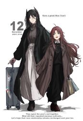  2girls absurdres ahoge alternate_costume aqua_eyes arknights bag black_coat black_hair black_horns black_shirt black_shoes black_skirt brown_coat brown_hair brown_shoes casual coat commentary_request dated demon_girl demon_horns earrings english_text full_body grey_shirt highres holding holding_bag holding_suitcase hoop_earrings horns ines_(arknights) jewelry knm_kamakura long_hair long_sleeves looking_at_another looking_at_viewer multiple_girls myrtle_(arknights) necklace new_year open_clothes open_coat open_mouth pointy_ears rolling_suitcase shirt shoes sidelocks simple_background skirt smile standing suitcase white_background white_skirt yellow_eyes 