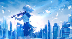  1girl absurdres blue_theme bow_(music) building city closed_eyes commentary_request english_commentary falling_petals feet_out_of_frame floating_clothes floating_hair from_side highres medium_skirt mixed-language_commentary monochrome original outdoors petals playing_violin pleated_skirt profile sailor_collar school_uniform serafuku shirt short_hair skirt skyscraper solo standing yanagima_yu03 