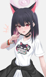  1girl absurdres animal_ears black_collar black_hair blue_archive blush breasts cat_ears cat_girl clothes_around_waist collar colored_inner_hair commentary_request grey_background hair_between_eyes hair_ornament hairclip halo hand_up highres jacket jacket_around_waist kazusa_(band)_(blue_archive) kazusa_(blue_archive) multicolored_hair notice_lines official_alternate_costume open_mouth pink_hair pink_halo red_eyes shirt short_sleeves sidelocks small_breasts solo two-tone_hair v-shaped_eyebrows w white_shirt wrightia wristband 