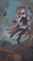  1girl absurdly_long_hair absurdres angelina_(arknights) angelina_the_mellow_wish_(arknights) arknights black_boots black_gloves black_hairband black_thighhighs boots bottle brown_hair commentary_request dark dirt_road dress floating_hair food fruit gloves hairband highres long_hair looking_at_viewer military_jeep motor_vehicle mumu_millhayes official_alternate_costume orange_(fruit) outdoors red_eyes road road_sign rock sign solo thigh-highs twintails very_long_hair white_dress 