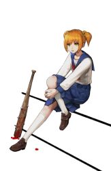  1girl blonde_hair blood blood_on_weapon blue_sailor_collar blue_sky brown_shoes club_(weapon) commentary_request eyelashes flat_chest from_side full_body hugging_own_leg invisible_chair jun_(navigavi) knee_up kneehighs long_sleeves looking_at_viewer neckerchief nose open_mouth own_hands_together pleated_skirt poptepipic popuko red_neckerchief sailor_collar sailor_shirt scrunchie shirt shoes short_hair simple_background sitting skirt sky socks solo spiked_club twintails upper_body weapon white_background white_shirt yellow_eyes yellow_scrunchie 