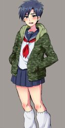  1boy black_hair blue_eyes blue_sailor_collar blue_skirt blush camouflage camouflage_hoodie commentary_request cosplay crossdressing crossdressing_(mtf) feet_out_of_frame green_hoodie grey_background highres hood hood_down hoodie level_6chan looking_at_viewer male_focus neckerchief open_mouth pleated_skirt red_neckerchief saikyou_densetsu_kurosawa sailor_collar school_uniform serafuku shirt shizuka_(saikyou_densetsu_kurosawa) shizuka_(saikyou_densetsu_kurosawa)_(cosplay) short_hair simple_background skirt socks solo standing tobaku_haouden_zero ukai_zero white_shirt white_socks 
