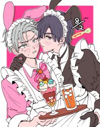 2boys alien_stage animal_ears apron aqua_eyes black_dress black_eyes black_gloves black_hair blush bunny_day carrot commentary_request crossdressing crossdressing_(mtf) dress drink food frilled_apron frills gloves grey_hair hand_on_another's_face highres holding holding_tray ivan_(alien_stage) maid_apron maid_headdress male_focus multiple_boys official_alternate_costume papiputog parfait pink_background pink_dress rabbit_ears red_pupils short_hair thick_eyebrows till_(alien_stage) tray very_short_hair 
