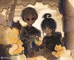  1boy 1girl ahoge ahoge_girl_(jimini_shijimi) artist_name awestruck backpack bag blue_hair blunt_bangs camel closed_mouth coat commentary_request crossed_bangs dark-skinned_male dark_skin diamond-shaped_pupils diamond_(shape) hair_between_eyes highres holding hood hood_down instagram_username jimini_shijimi long_sleeves open_mouth original paper_bag short_eyebrows short_hair sidelocks skeb_username smile sweatdrop symbol-shaped_pupils toy twitter_username white-haired_man_(jimini_shijimi) white_hair 