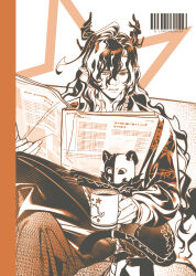  1boy absurdres alternate_costume arknights barcode bead_necklace beads cat chinese_commentary coffee_mug colored_lineart commentary_request couch cup dragon_boy dragon_horns dragon_tail eastern_dragon_horns eastern_dragon_tail fan_mu_zhang feet_out_of_frame heterochromia highres holding holding_cup holding_newspaper horns jewelry limited_palette long_hair male_focus messy_hair mug multicolored_hair necklace newspaper on_couch parted_bangs parted_lips pointy_ears reading sitting solo tail two-tone_hair wang's_cat_(arknights) wang_(arknights) 