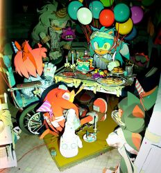  1girl 5boys absurdres amy_rose balloon bandaged_head bandages birthday_cake birthday_party cake candle commentary dongbomu echidna_boy eyepatch food fox_boy glass green_eyes hat hedgehog_boy hedgehog_girl highres holding holding_knife knife knuckles_the_echidna looking_at_viewer medical_eyepatch multiple_boys party_hat plate shadow_the_hedgehog silver_the_hedgehog sonic_(series) sonic_the_hedgehog tails_(sonic) tile_floor tiles untranslatable_commentary violet_eyes wheelchair yellow_eyes 