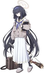  1girl arm_at_side averting_eyes bags_under_eyes black_hair black_pantyhose blue_archive book bow brown_cardigan brown_halo brown_slippers buttons cardigan child_(isoliya) constricted_pupils crossed_bangs de_lisle_carbine flat_chest footwear_bow full_body game_asset gun gun_sling hair_between_eyes hair_ribbon hairband halo hand_up heel_up highres holding holding_book holding_gun holding_weapon jewelry large_variant_set layered_sleeves long_hair long_skirt long_sleeves looking_down looking_to_the_side messy_hair mojyo neckerchief necklace nervous nervous_sweating off_shoulder official_art pantyhose pleated_skirt pocket purple_hairband purple_neckerchief purple_ribbon raised_inner_eyebrows ribbon sailor_collar scared school_uniform serafuku shirt sidelocks simple_background skirt sleeves_past_wrists slippers solo standing suitcase sweat tachi-e tassel third-party_source transparent_background turn_pale turtleneck turtleneck_shirt ui_(blue_archive) undershirt variant_set very_long_hair violet_eyes weapon white_sailor_collar white_serafuku white_shirt white_skirt 